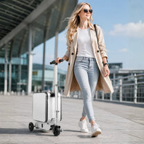 Person pulling the AeroDrive Edition electric ride-on suitcase outdoors