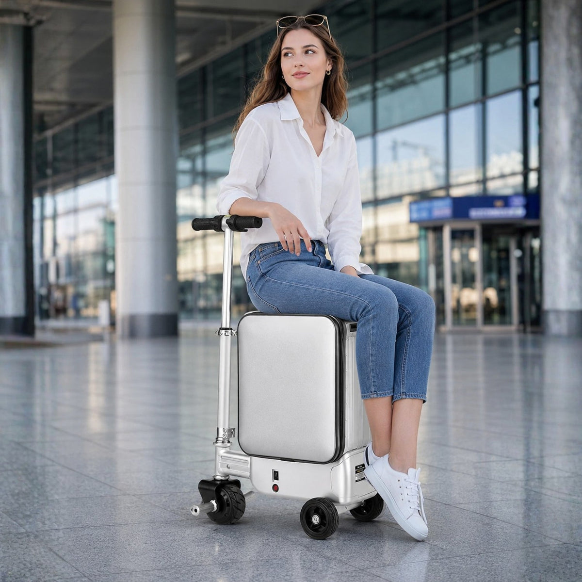 Person riding the AeroDrive Edition electric ride-on suitcase outdoors