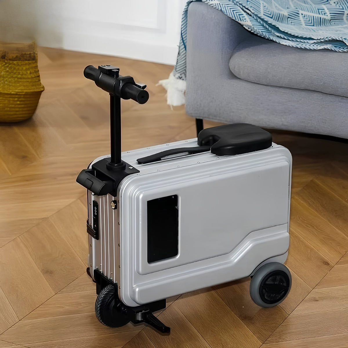 PowerDrive Pro Edition electric ride-on suitcase in silver at home