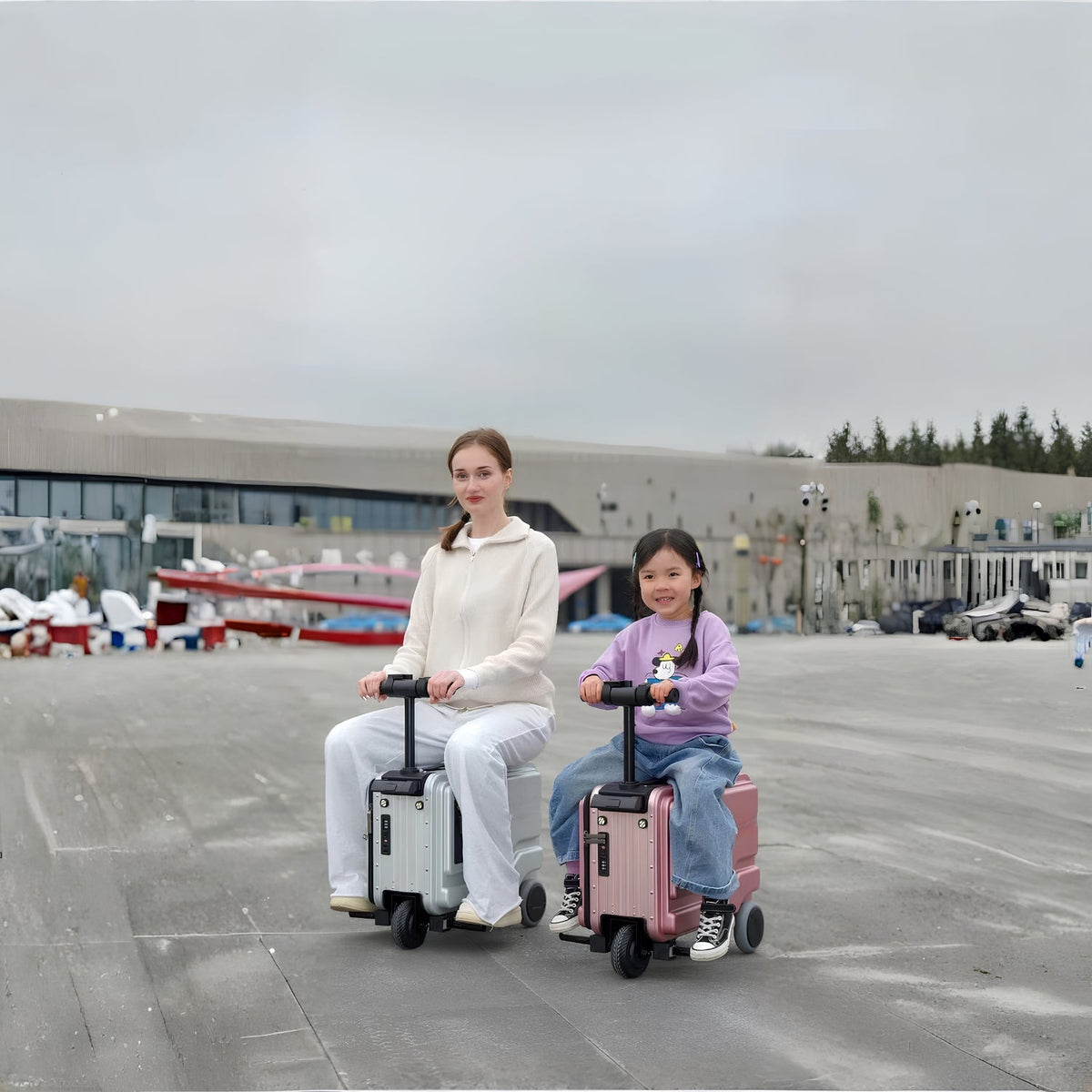 Two people each riding a PowerDrive Pro Edition electric ride-on suitcase outdoors