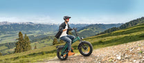 Man riding the ENGWE EP-2 3.0 Boost folding fat-tyre e-bike on a grassy field