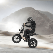 Man riding the Hidoes B6 Mini fat-tyre e-bike on sandy ground