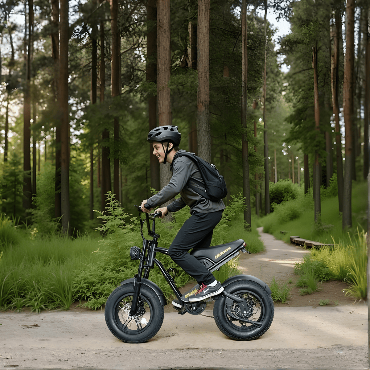 Man riding the Hidoes B6 Mini fat-tyre e-bike in the forest