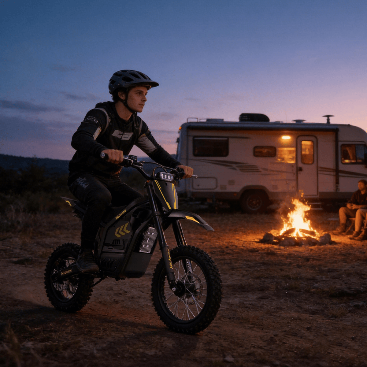 Person standing with the Hidoes G2 electric dirt bike in an evening setting