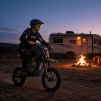 Person standing with the Hidoes G2 electric dirt bike in an evening setting