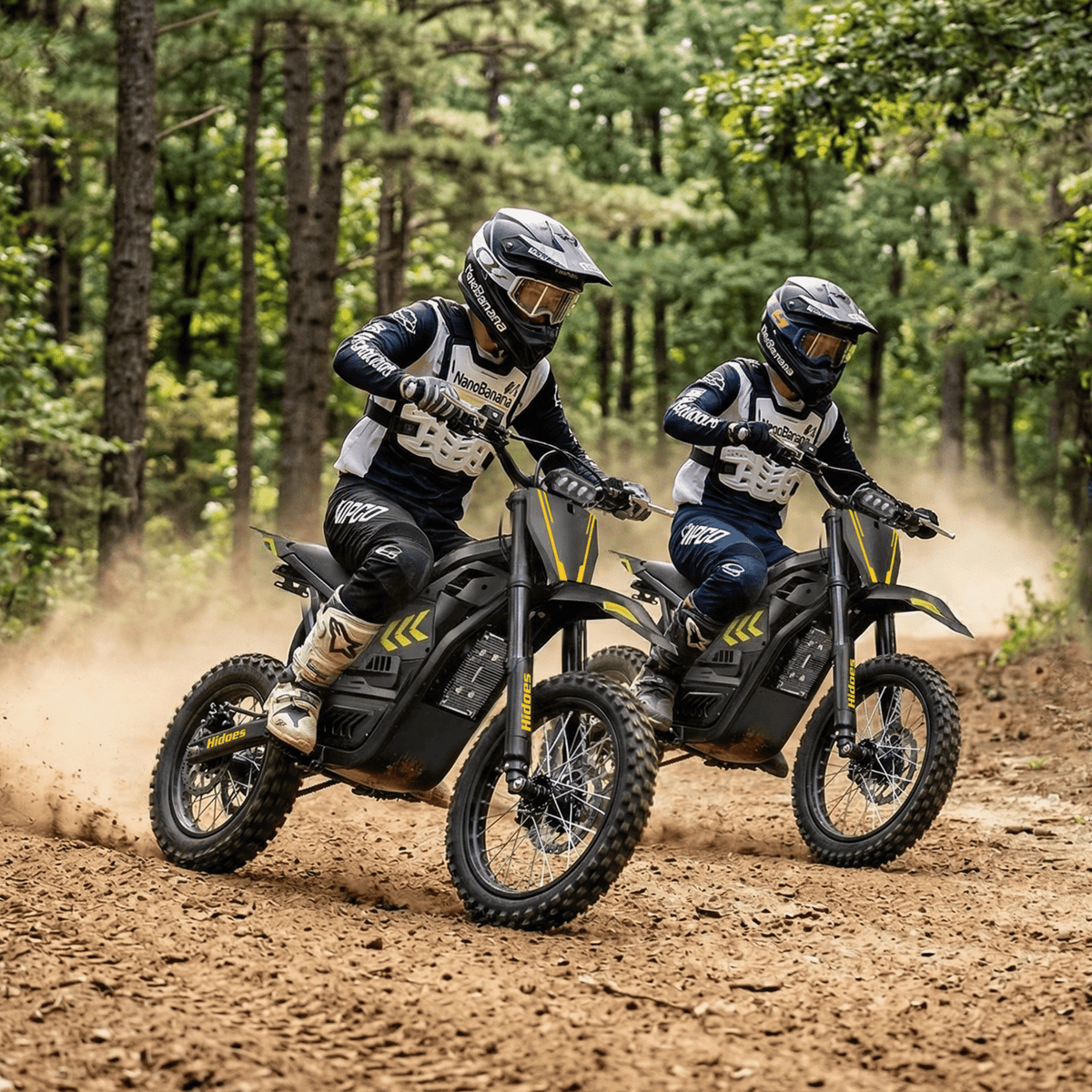Rider taking the Hidoes G2 electric dirt bike off-road in the forest
