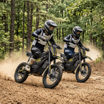 Rider taking the Hidoes G2 electric dirt bike off-road in the forest