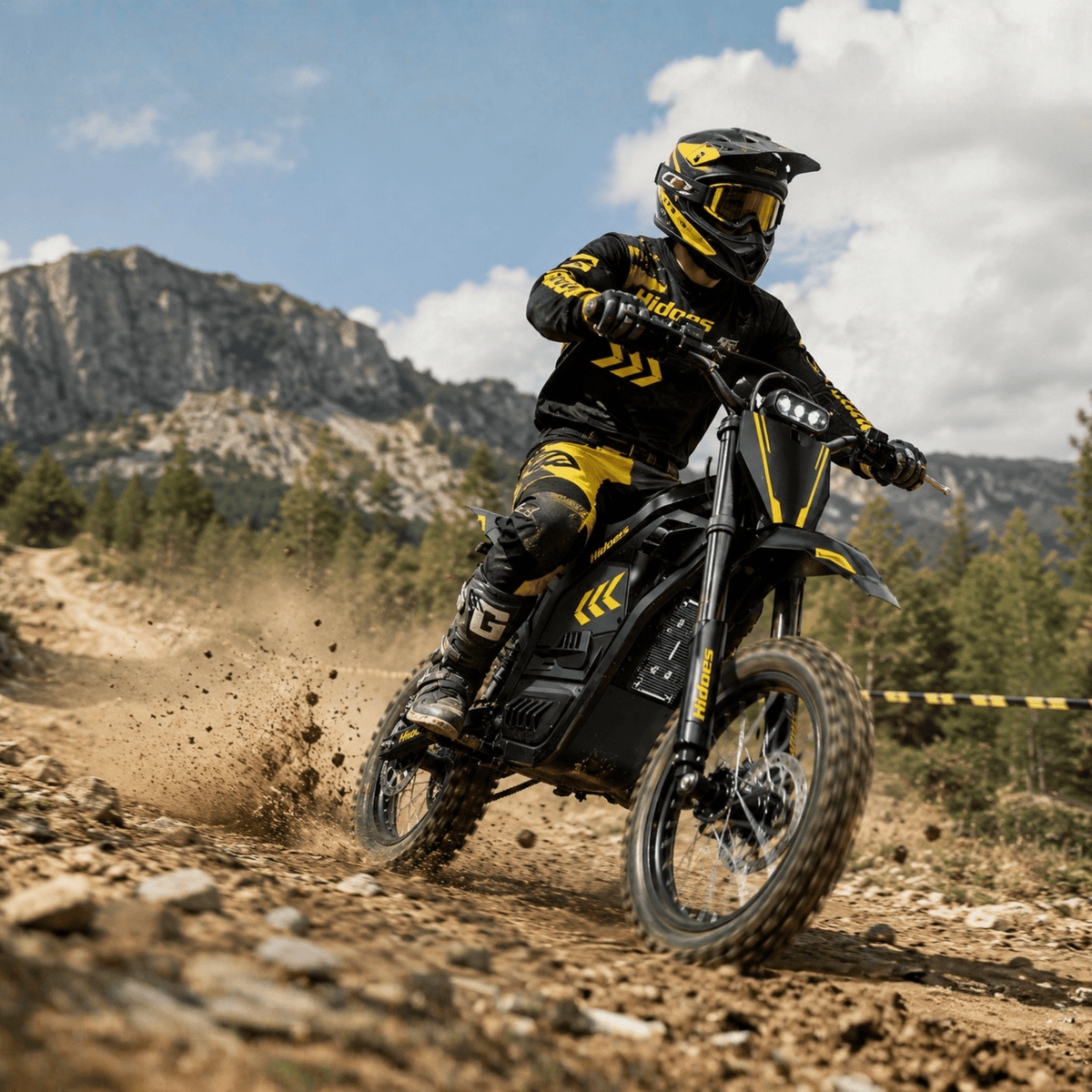 Rider taking the Hidoes G2 electric dirt bike off-road on sandy ground
