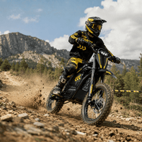 Rider taking the Hidoes G2 electric dirt bike off-road on sandy ground