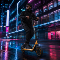 Man riding the HIKERBOY CURTIS DUAL PRO electric scooter in an evening setting