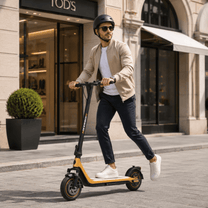 Man walking with the HIKERBOY CURTIS DUAL PRO electric scooter on a street