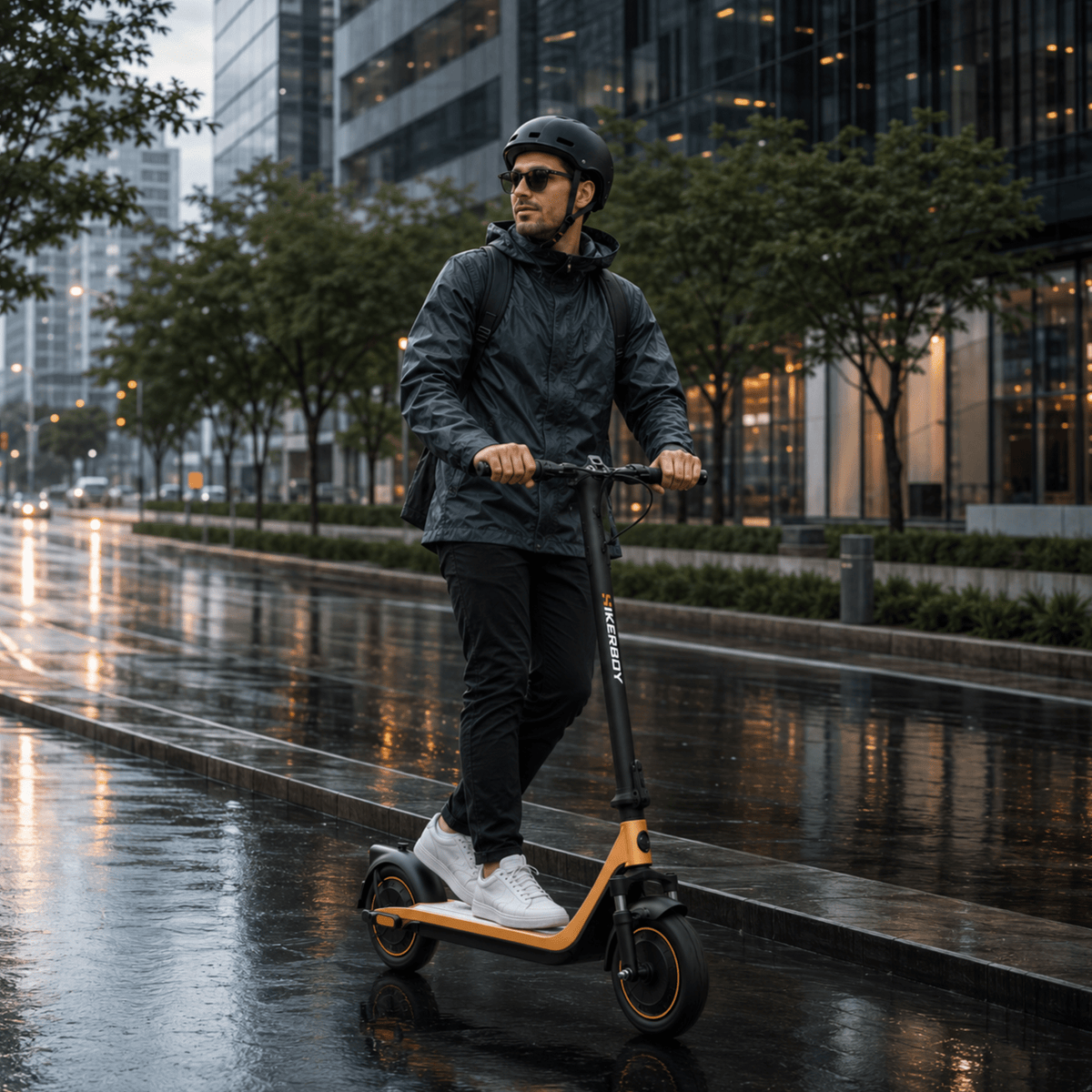 Man riding the HIKERBOY CURTIS DUAL PRO electric scooter by a lake