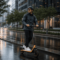 Man riding the HIKERBOY CURTIS DUAL PRO electric scooter by a lake