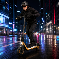 Man riding the HIKERBOY CURTIS DUAL PRO electric scooter on a wet road