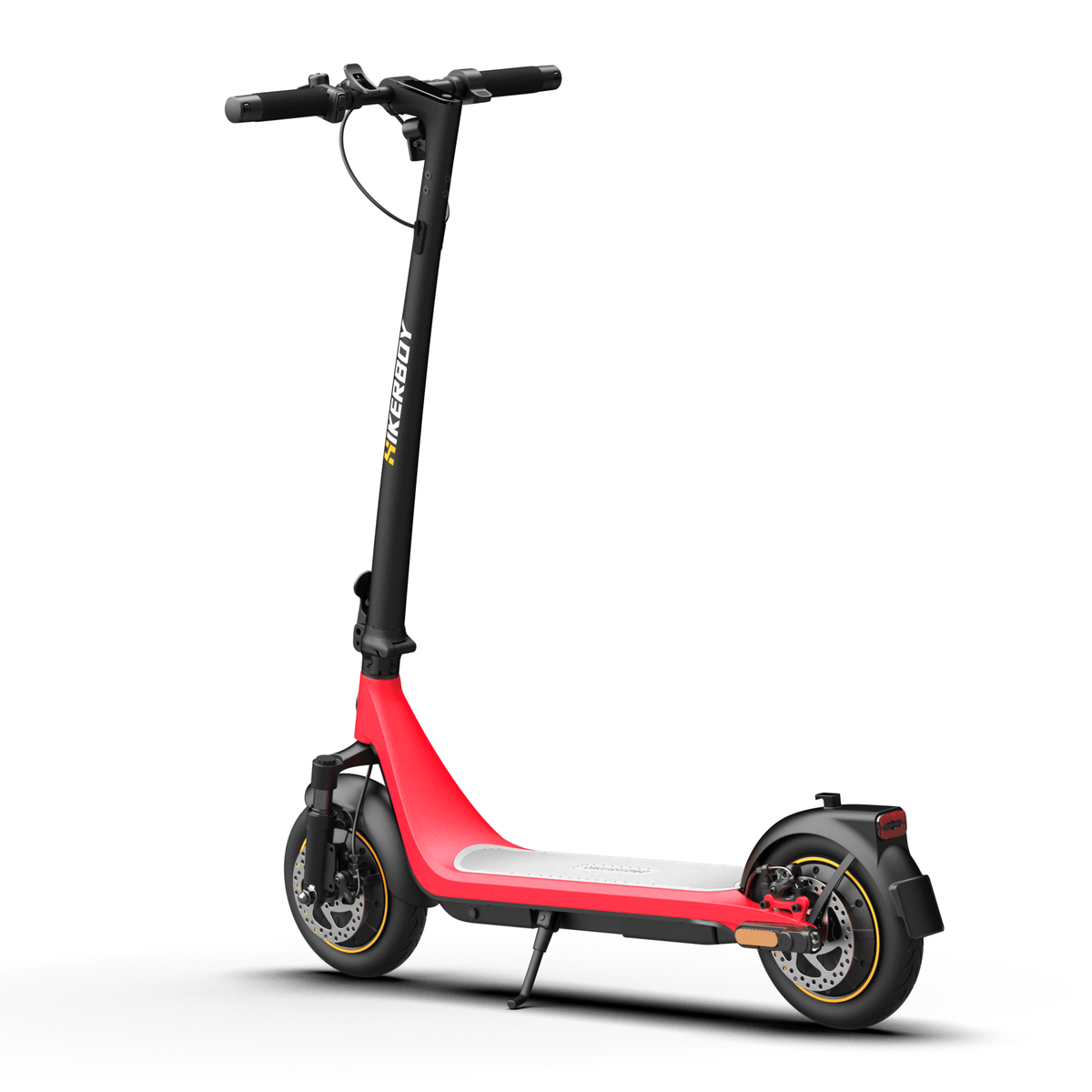 HIKERBOY CURTIS DUAL PRO electric scooter, front three-quarter view from the opposite side in red
