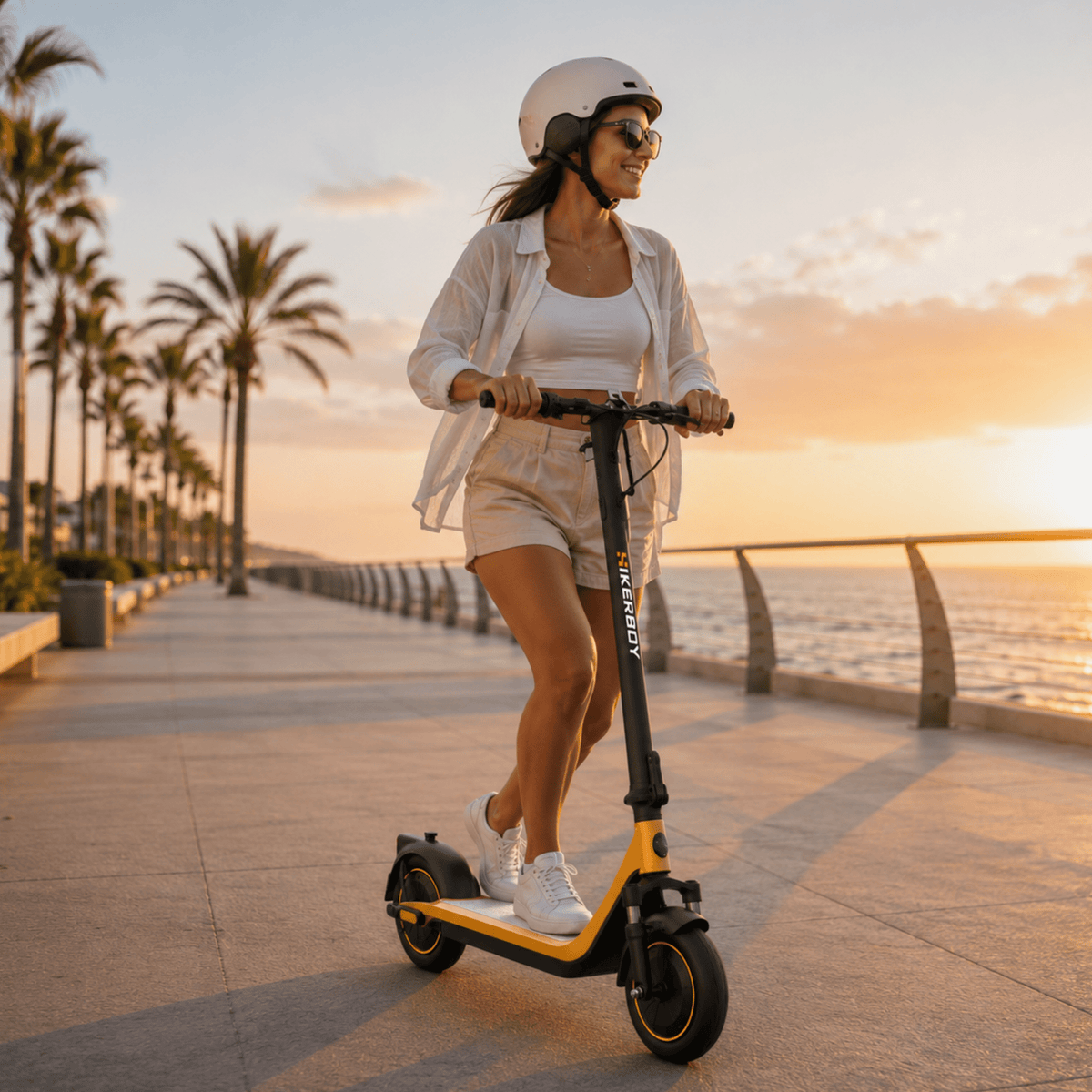 Woman riding the HIKERBOY CURTIS DUAL PRO electric scooter at sunset