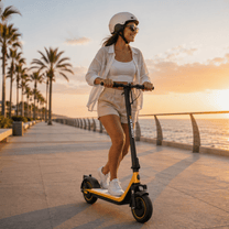 Woman riding the HIKERBOY CURTIS DUAL PRO electric scooter at sunset