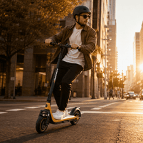 Man riding the HIKERBOY CURTIS DUAL PRO electric scooter on a street