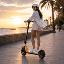 Woman standing with the HIKERBOY CURTIS DUAL PRO electric scooter at sunset