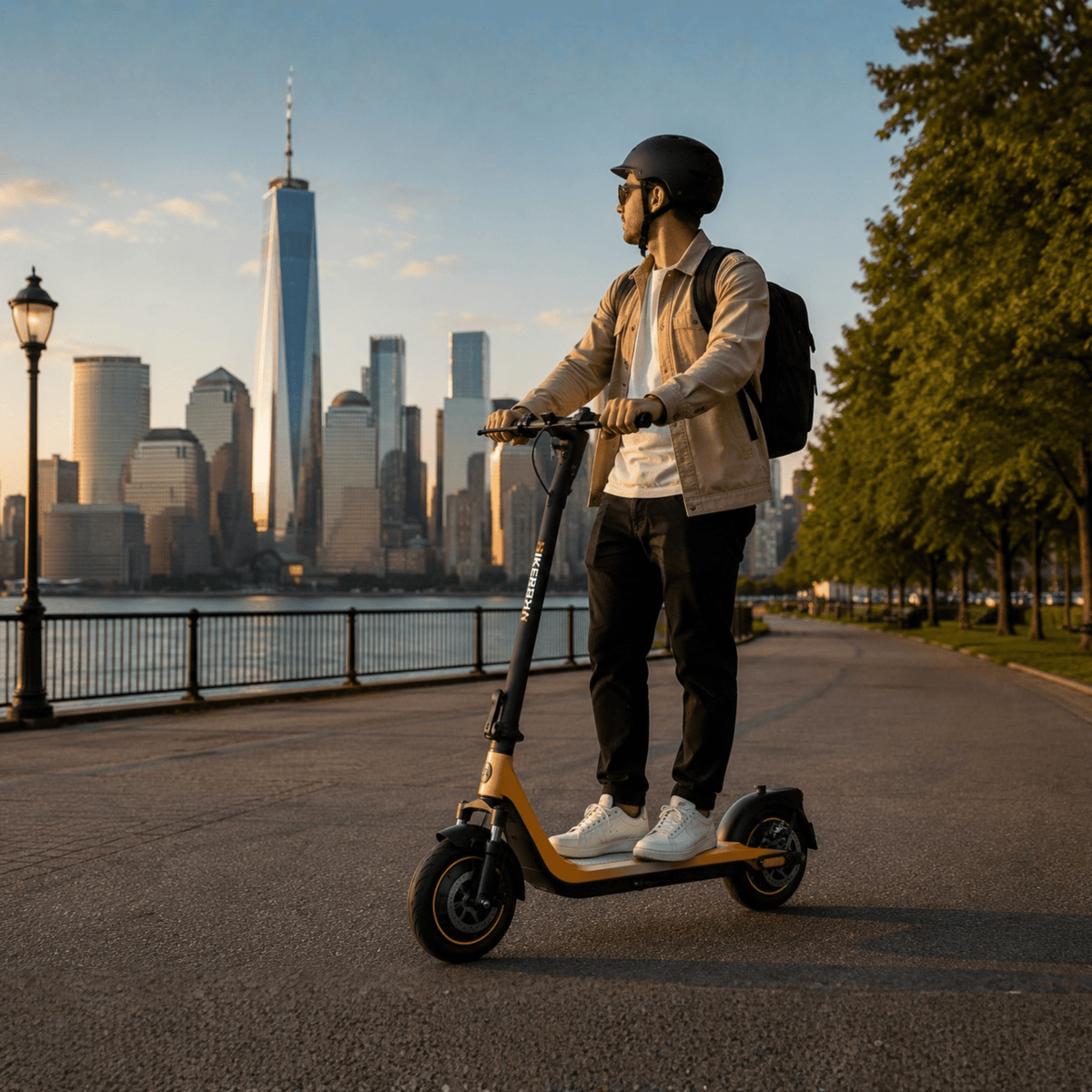 Man standing with the HIKERBOY CURTIS DUAL PRO electric scooter in the city