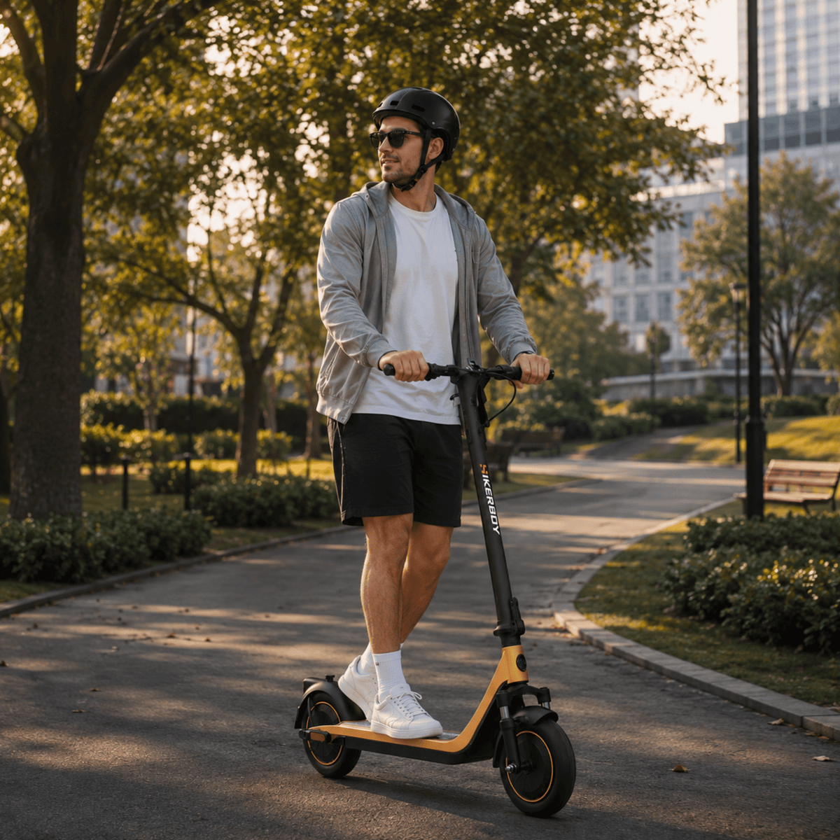 Man standing with the HIKERBOY CURTIS DUAL PRO electric scooter in a park