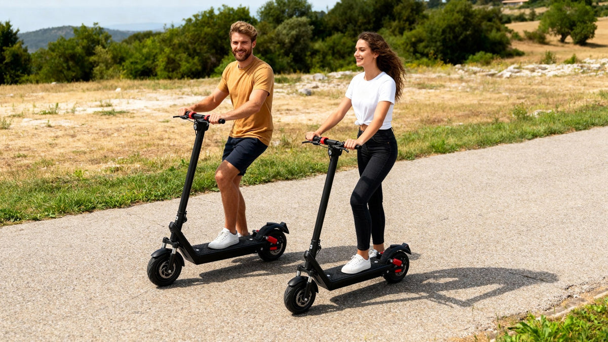 Two riders with the HX X9B electric scooter on a footpath