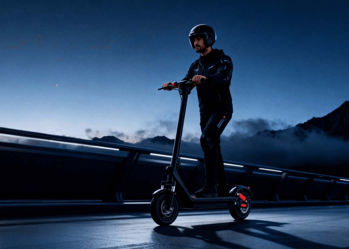 Man riding the HX X9B electric scooter in an evening setting