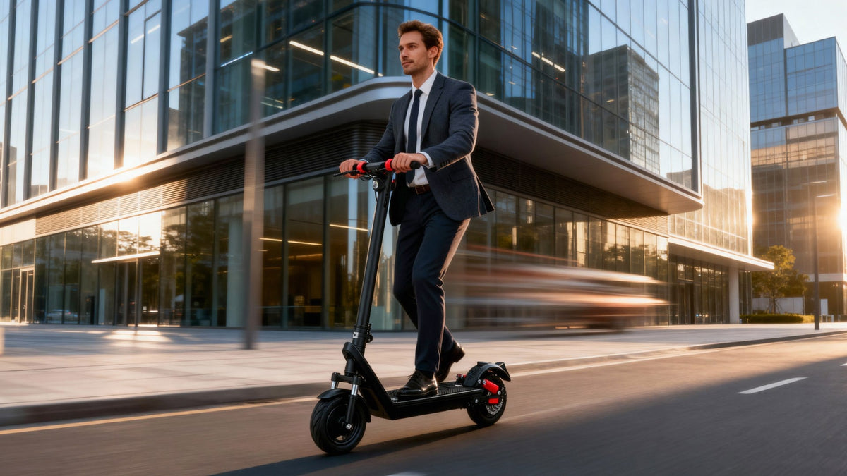Man riding the HX X9B electric scooter in the city