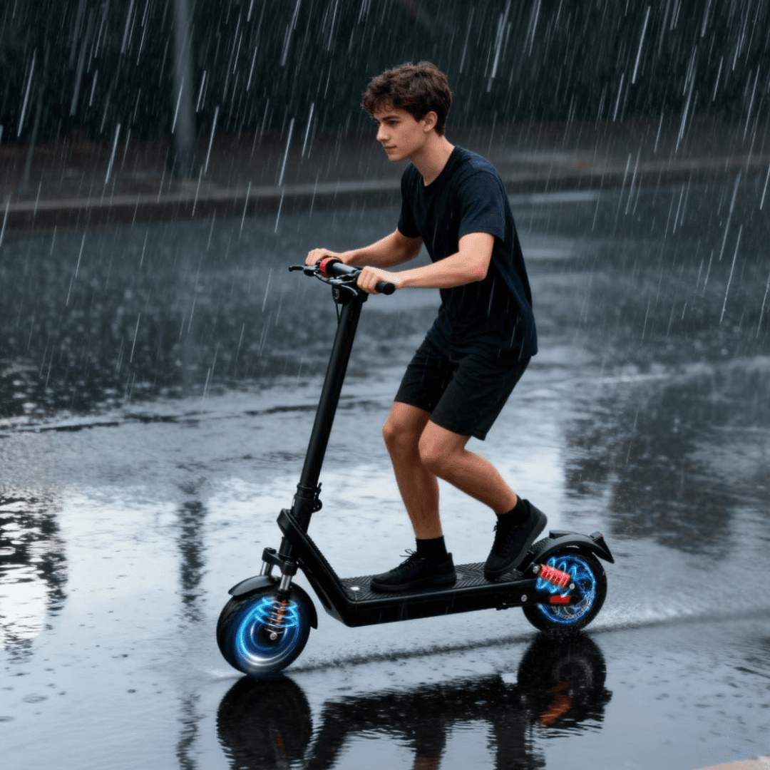 Man riding the HX X9B electric scooter on a wet road