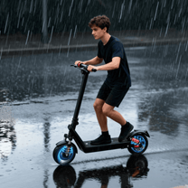 Man riding the HX X9B electric scooter on a wet road