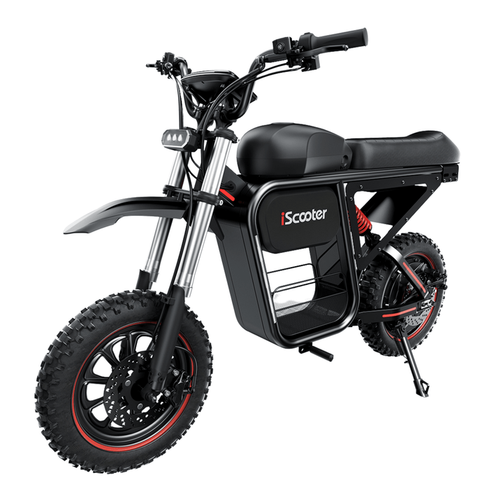 iScooter DX5 Max electric dirt bike, front three-quarter view