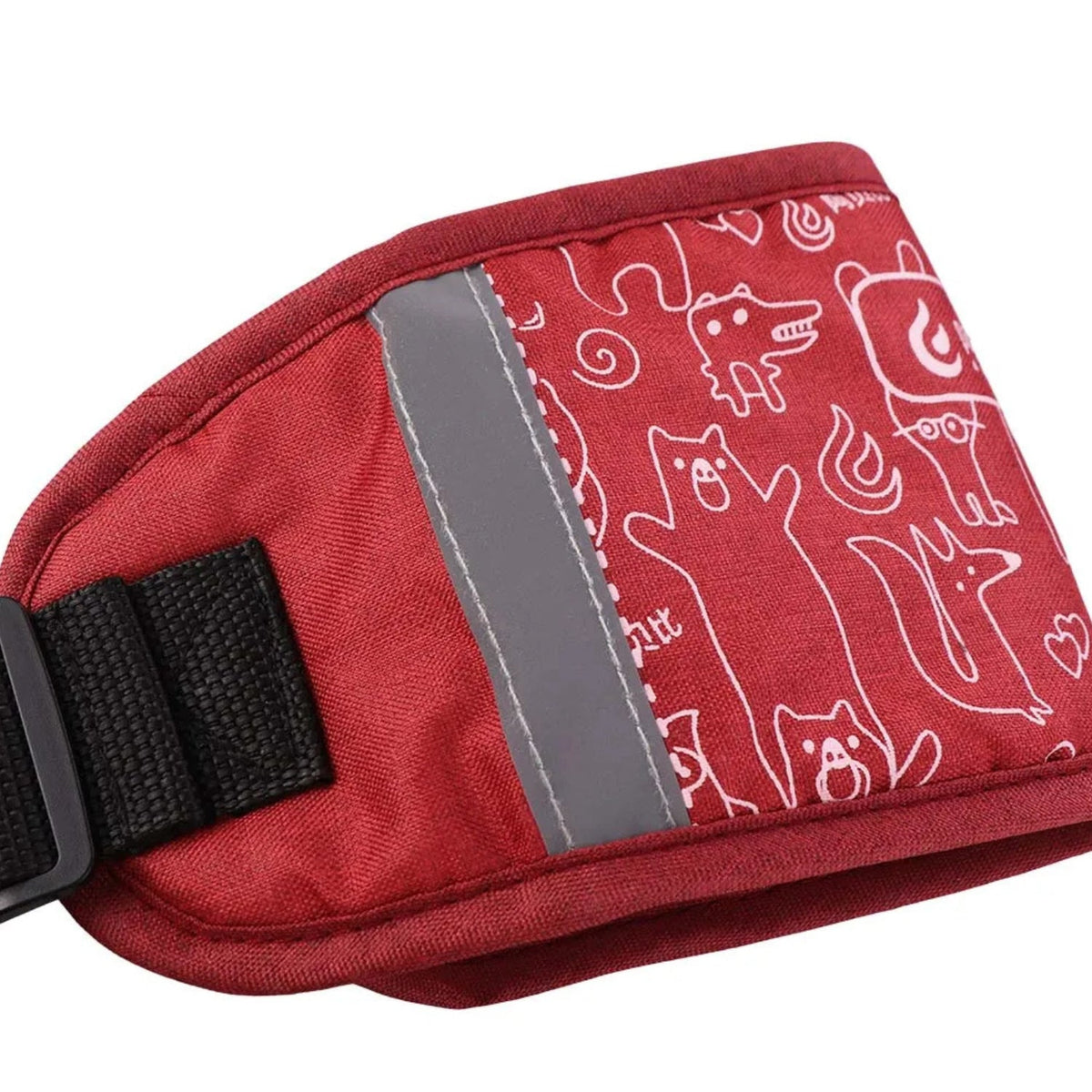 Close-up of adjustable safety harness with reflective material in red