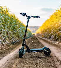 KAABO MANTIS 10 ECO electric scooter, front three-quarter view on a trail
