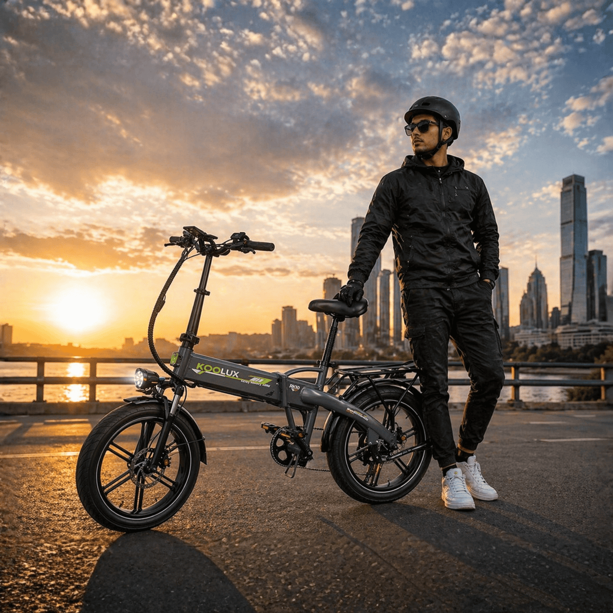 Man standing with the KOOLUX RK10 folding fat-tyre e-bike in the city