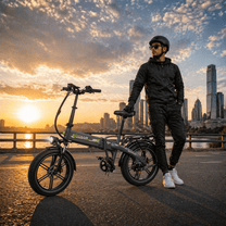 Man standing with the KOOLUX RK10 folding fat-tyre e-bike in the city