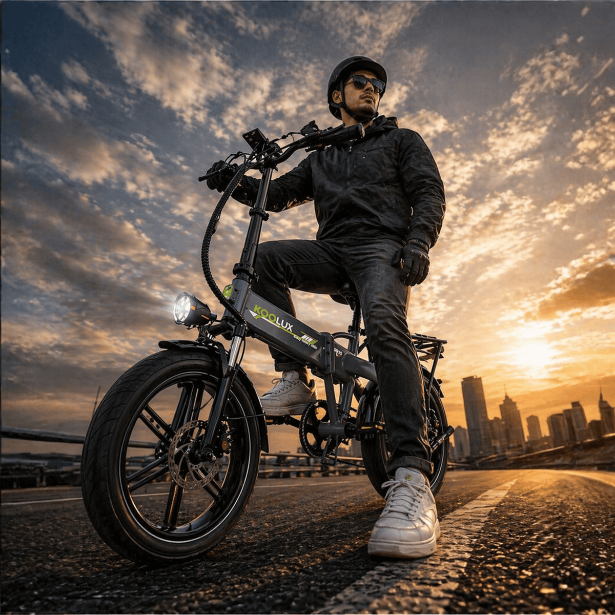 Man riding the KOOLUX RK10 folding fat-tyre e-bike in the city