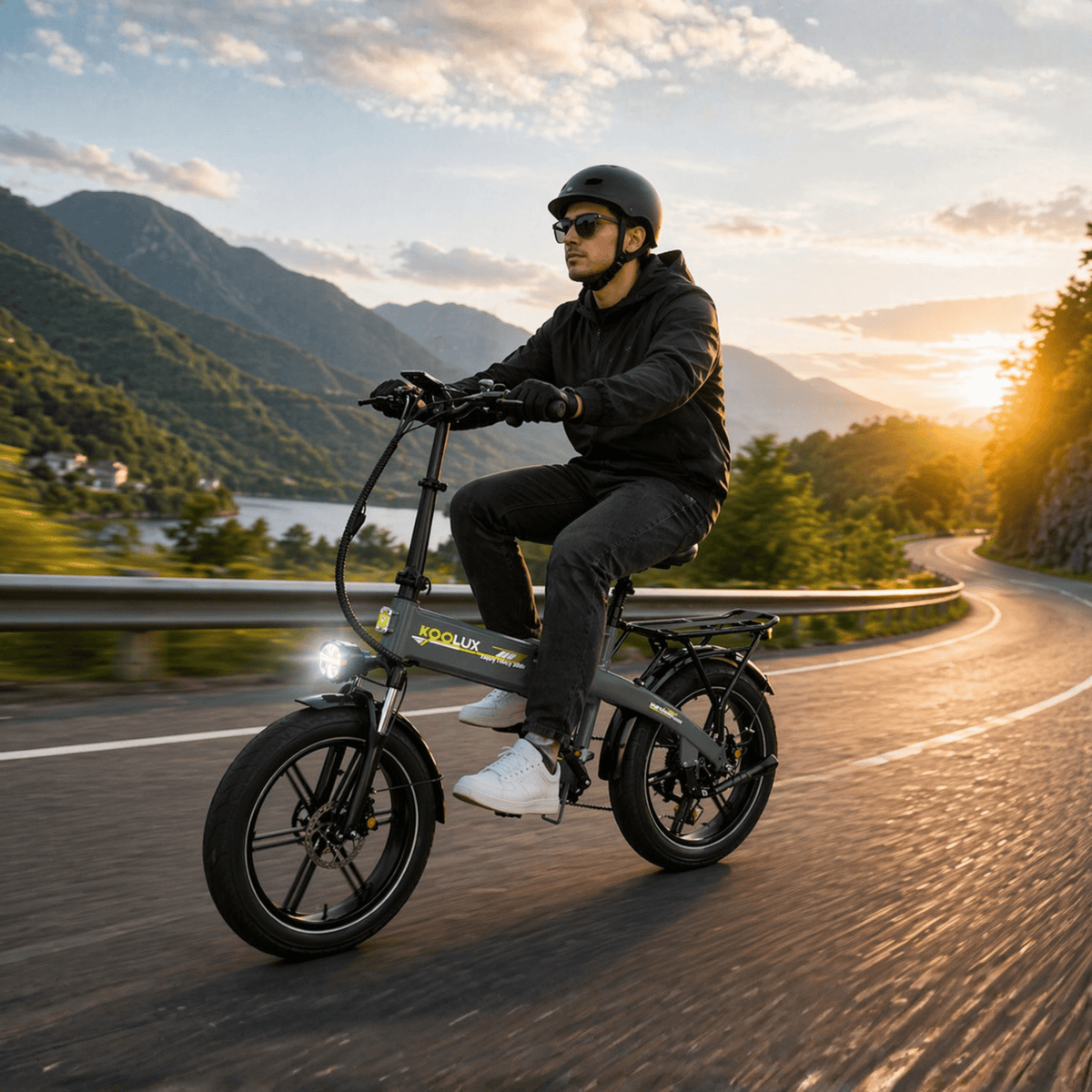 Man riding the KOOLUX RK10 folding fat-tyre e-bike on a road