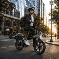 Man riding the KOOLUX RK10 folding fat-tyre e-bike in the city at sunset