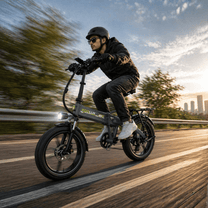 Man riding the KOOLUX RK10 folding fat-tyre e-bike on a road at sunset