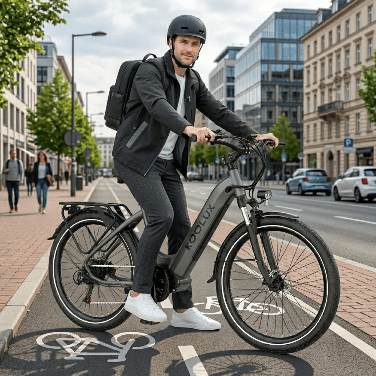 Man standing with the KOOLUX X2 e-bike in the city