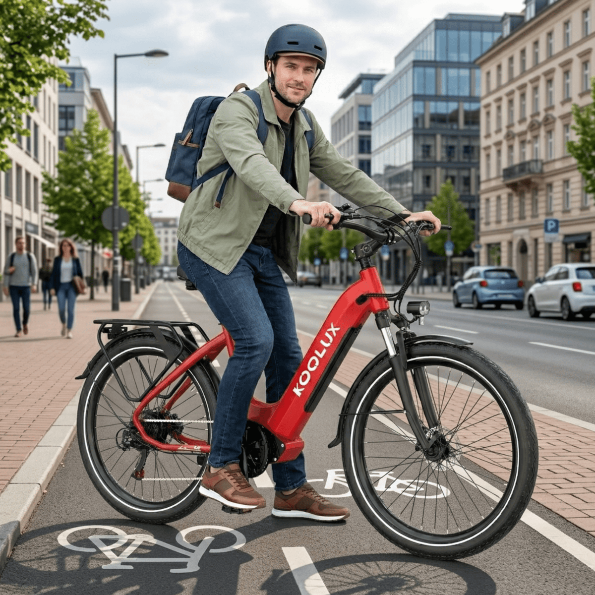 Man riding the KOOLUX X2 e-bike in red in the city