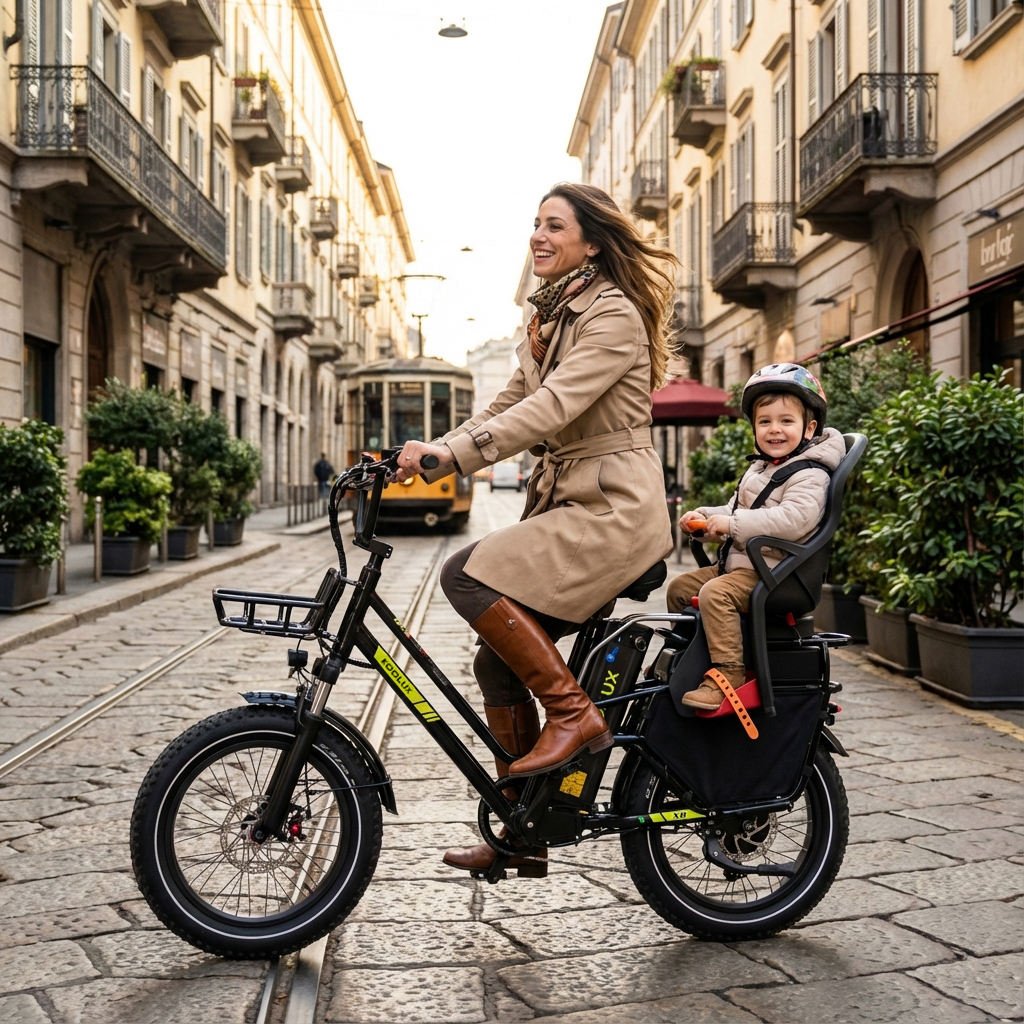 Woman riding the KOOLUX X8 fat-tyre e-bike with a child