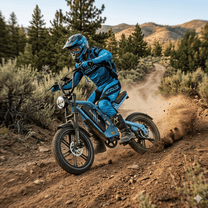 Rider taking the KOOLUX X9 Mini fat-tyre e-bike off-road in blue