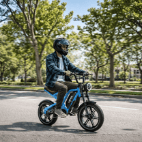 Person riding the KOOLUX X9 Mini fat-tyre e-bike in a park