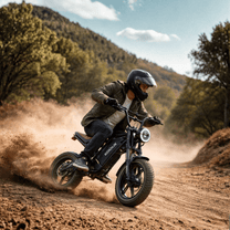 Rider taking the KOOLUX X9 Mini fat-tyre e-bike off-road