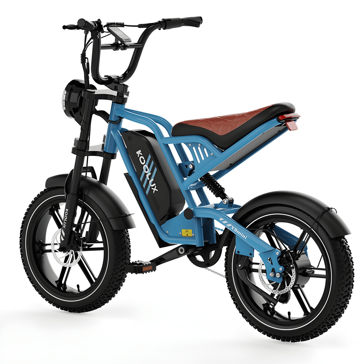 KOOLUX X9 Mini fat-tyre e-bike, front three-quarter view in blue