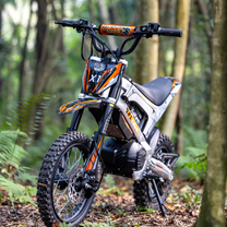 Person standing with the KuKirin X1 electric dirt bike in the forest