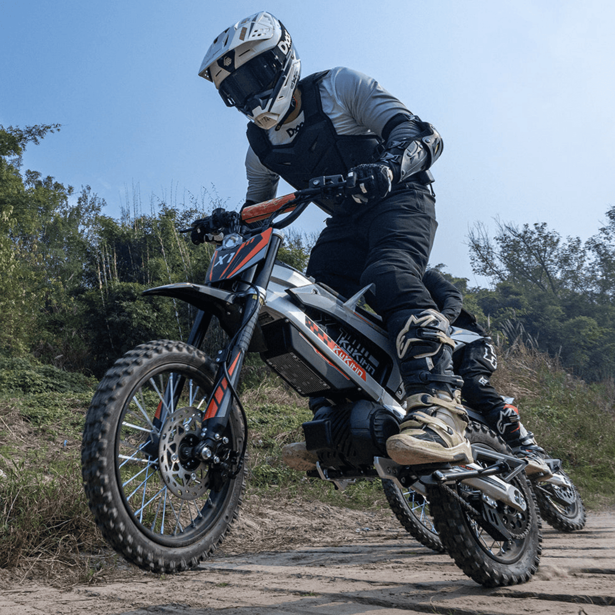 Rider taking the KuKirin X1 electric dirt bike off-road