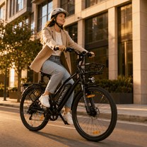 Woman riding the LOOKROAD L28 MIN e-bike on a street