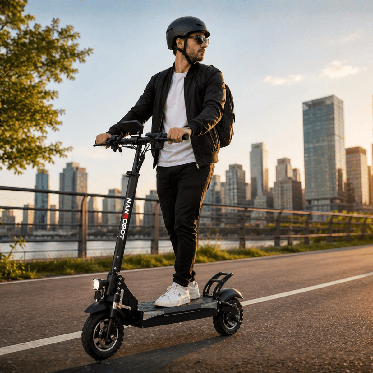 Man riding the Nanrobot T1 electric scooter in the city
